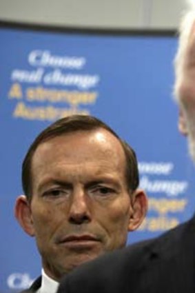 Tony Abbott addresses the media with psychiatrist Patrick McGorry.