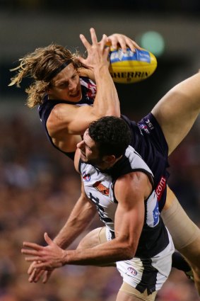 Nat Fyfe takes an overhead mark during the round 16 AFL match against Carlton. 