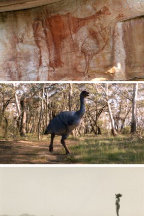 From top: A rock art painting thought to represent the flightless bird Genyornis newtoni, which adorns a shallow rock shelter in the Arnhem Land plateau; an artist's impression of the bird; a historical photo of an Aboriginal man; and the film team during the making of First Footsteps, which argues Aboriginal people and megafauna co-existed.