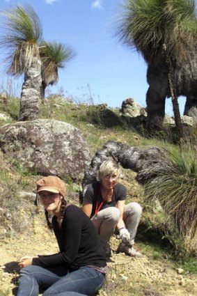 Visiting French palaeobotanists Dr Anne-Laure Decombeix, left, Dr Brigitte Meyer-Berthaud, right, excavating plant remains preserved in mudstones about 395 million years old at Wee Jasper.