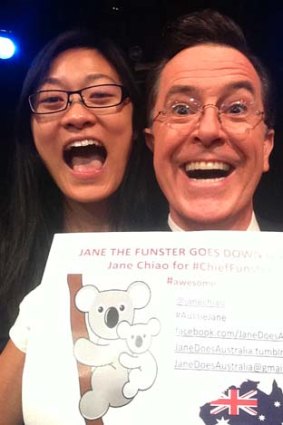 US comedy TV star Stephen Colbert endorses 'best jobs in the world' candidate Jane Chiao.