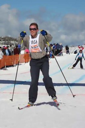 Mountain man: John Thwaites at the finish of a ski race at Falls Creek.