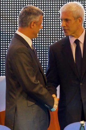 Former Serbian president Boris Tadic, right, and Kosovo's prime minister Hashim Thaci.
