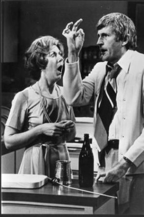 Ross Higgins as Ted Bullpit with his wife Thel (Judi Farr) in "Kingswood Country".