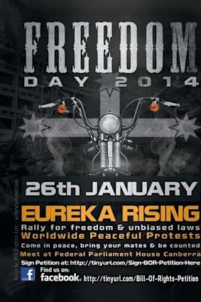 Online poster promoting action against anti-bikie legislation on Australia Day.