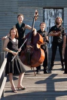The Griffyn Ensemble: from left - Kiri Sollis (flute), Holly Downes (double bass); Michael Sollis (mandolin); Chris Stone (violin); Laura Tanata (harp); Susan Ellis (singer). 