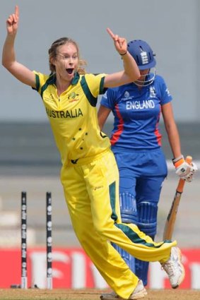 Holly Ferling celebrates after taking the wicket of Jennifer Gunn of England.