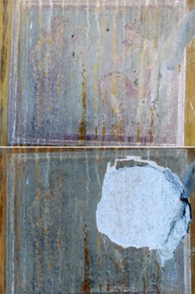 The ancient fresco before and after thieves removed the portrait of the Greek deity.