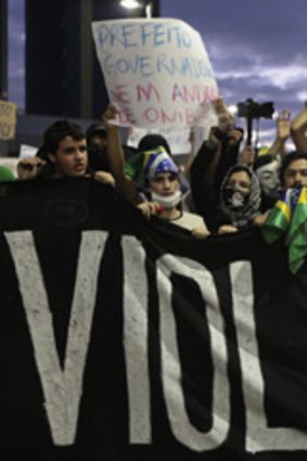 Brazilian protesters march against government corruption in Sao Paulo.