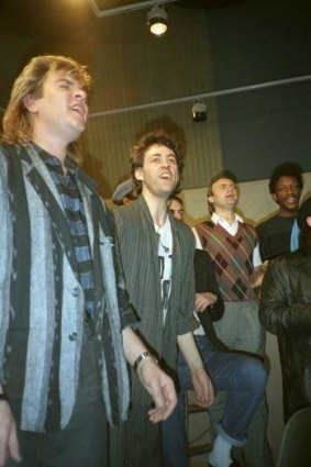 SIng yer heart out: Simon LeBon, Bob Geldof and Phil Collins  recording <i>Don't They Know It's Christmas</i> in 1984.