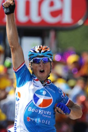 Pierrick Fedrigo celebrates as he wins stage 16.