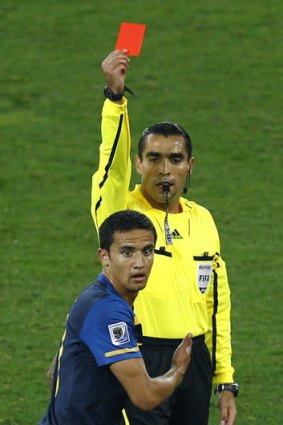 Disbelief: Tim Cahill's fateful red card against Germany at the 2010 World Cup in South Africa.