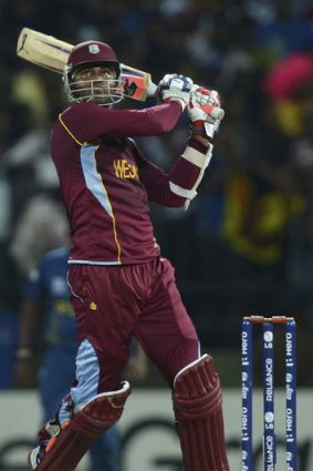 The man: Marlon Samuels in full flight for the West Indies.