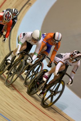 Ready or not: Anna Meares, left, is about to pounce on Germany’s Kristina Vogel in yesterday’s kierin qualifier.