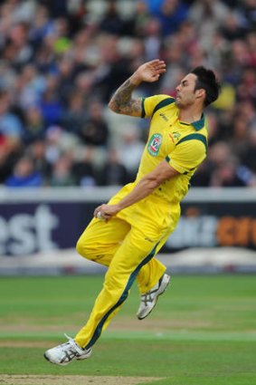 In form: Mitchell Johnson in action against England.