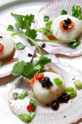 Scallops with ginger and shallots.