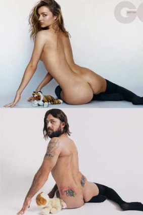 Miranda Kerr's original sexy GQ photo, and the Bondi Hipster version.
