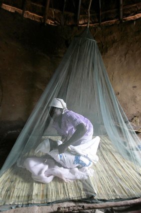A Zimbabwean woman puts her child on a bed mounted with a insecticide-impregnated mosquito net in a hut in rural Gutu, 300km south-east of Harare.