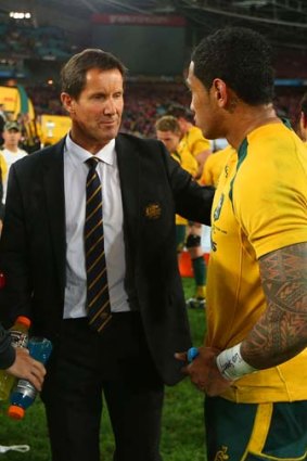 Robbie Deans chats to Joe Tomane after the match.