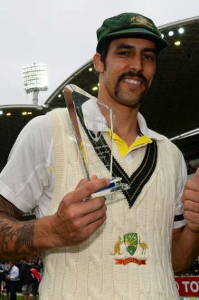 All smiles: Australian paceman Mitchell Johnson after being awarded man-of-the-match for the second Test.