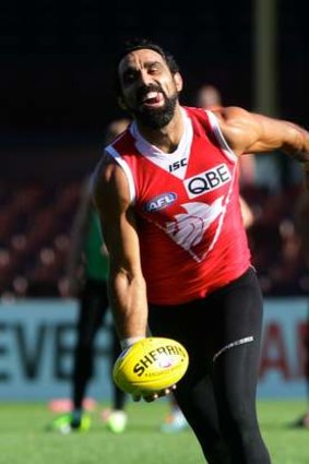 Smiling Swan: Adam Goodes trains with Sydney at the SCG on Thursday.