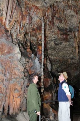 George Bradford and Tim the Yowie Man marvel at Cleopatra’s Needle in the Jersey Cave