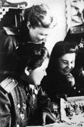 Volunteer bombers: Squadron commander Nadezhda Popova, second from right, with fellow Soviet pilots in 1945.