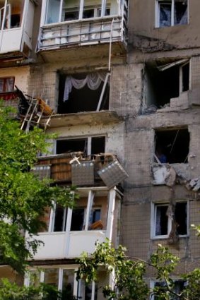 An apartment building that was bombed in Donetsk, Ukraine.