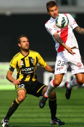 Nick Kalmer of Melbourne Heart looks to control the ball during the game against the Wellington Phoenix which Heart surprisingly lost.