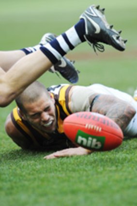 Sidelined ... Lance Franklin takes a tumble during last Saturday's loss to Geelong.