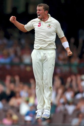Australia's Peter Siddle celebrates the wicket of Dale Steyn at the S.C.G during the third Test.