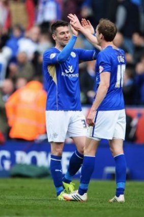 David Nugent (L) and Andy King of Leicester City celebrate victory 