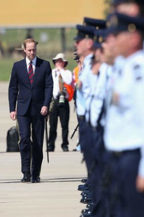 Prince William, Duke of Cambridge inspects an honour Guard as he arrives at the Royal Australian Airforce Base at Amberley.