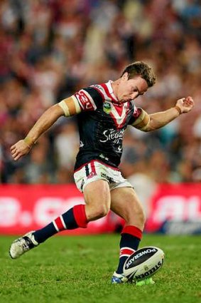 James Maloney adds the extras for the Roosters against the Bulldogs at Allianz Stadium.