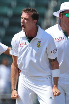 Dale Steyn celebrates claiming Ricky Ponting for a duck.