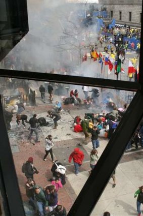 The scene following an explosion at the Boston Marathon.