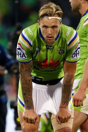 Dejected Raiders five-eighth Blake Austin after his team's loss in the round three NRL match between the Canberra Raiders and the St George Illawarra Dragons.  