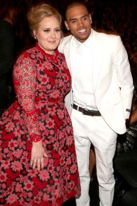 Mending fences? ... Adele and Chris Brown captured in another Grammys moment.