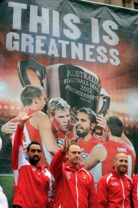Flying high: Sydney's Adam Goodes, John Longmire and Jarrad McVeigh (from left) in the lead-up to the final battle.