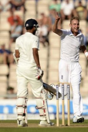 England's Stuart Broad celebrates after the dismissal of India's Bhuvneshwar Kumar.