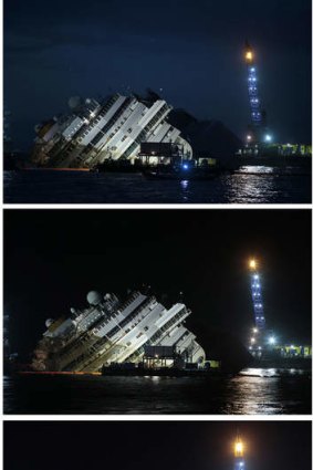 The Costa Concordia during and at the end of the "parbuckling" operation outside Giglio harbour.