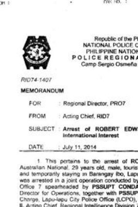 Extract from the police arrest report of Robert Edward Cerantonio.