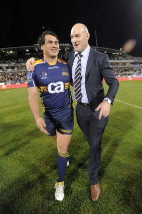 Brumbies great Stirling Mortlock, right, with George Smith.