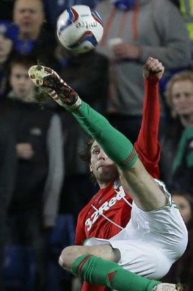 Majestic &#8230; Michu pulls off a bicycle kick at Chelsea.