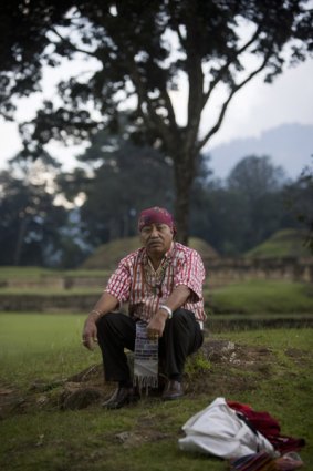 Guatemalan Mayan Indian elder Apolinario Chile Pixtun poses for a portrait at the Iximche ceremonial site in Tecpan, Guatemala.