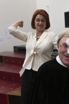 Back stabber: Phil Scott and Amanda Bishop as Kevin Rudd and Julia Gillard in rehearsal for The Wharf Revue 2015.