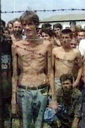 Atrocity ... a video still showing  emaciated prisoners at Trnopolje camp in north-west Serb-held Bosnia in the summer of 1992.  The video was submitted as evidence during the war crimes trial of the former Serbian president Slobodan Milosevic.