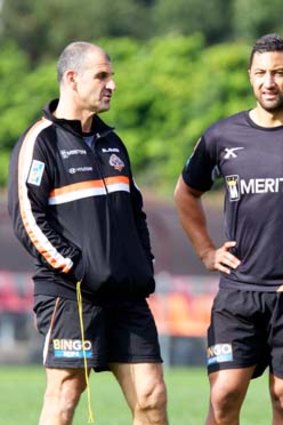 Benji Marshall (right) at a Wests Tigers training session on Tuesday.