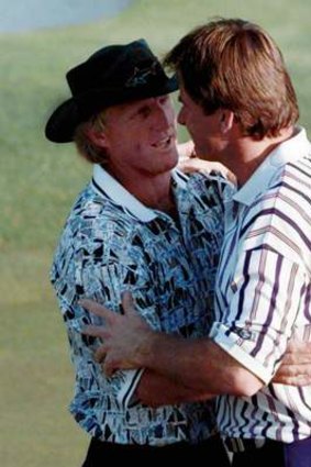 Greg Norman, left, and Nick Faldo hug after the 1996 Masters.