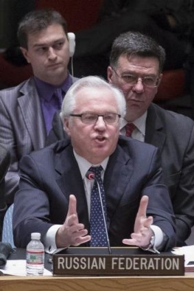Vitaly Churkin, the Russian Federation'?s ambassador to the United Nations, speaks during an UN Security Council emergency meeting called at Russia's request to discuss the growing crisis in Ukraine.